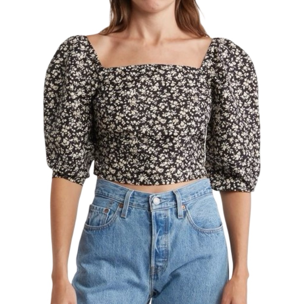 Levi’s Black Floral Puff Sleeve Square Neck Crop Top | Cottagecore | NWT XL - Picture 4 of 12